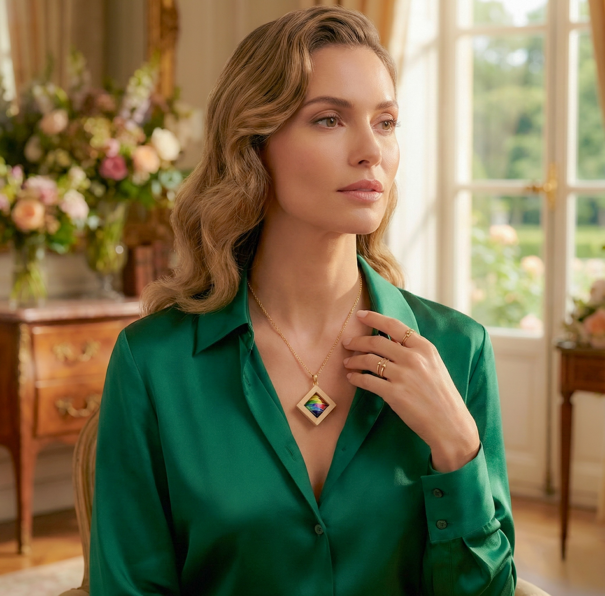 枡ネックレスを身につけた女性